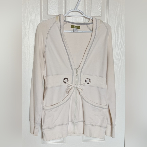 Women's (Size M) Long Off-White Zip-Up Hoodie/Jacket With Grey Trim & Drawstring - Picture 1 of 16